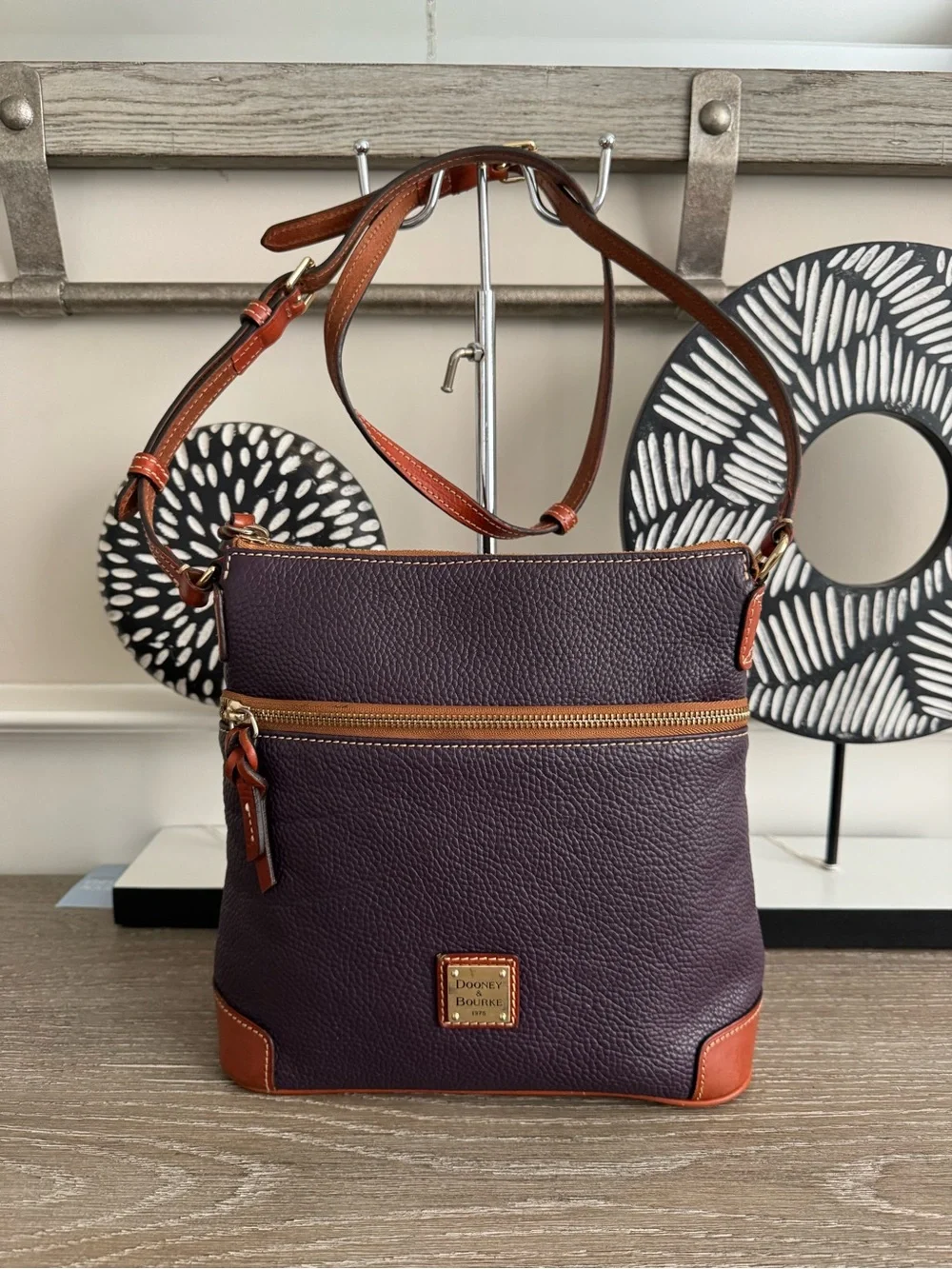 Dooney & Bourke Purple Pebble Leather Crossbody with Tan Trim